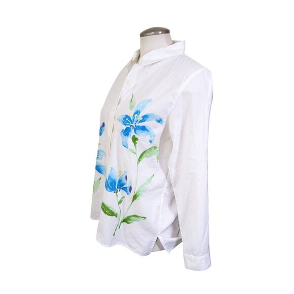 Womens L White Floral Beaded Blouse Button Up Tropical Flower Classic Cotton - Picture 3 of 5